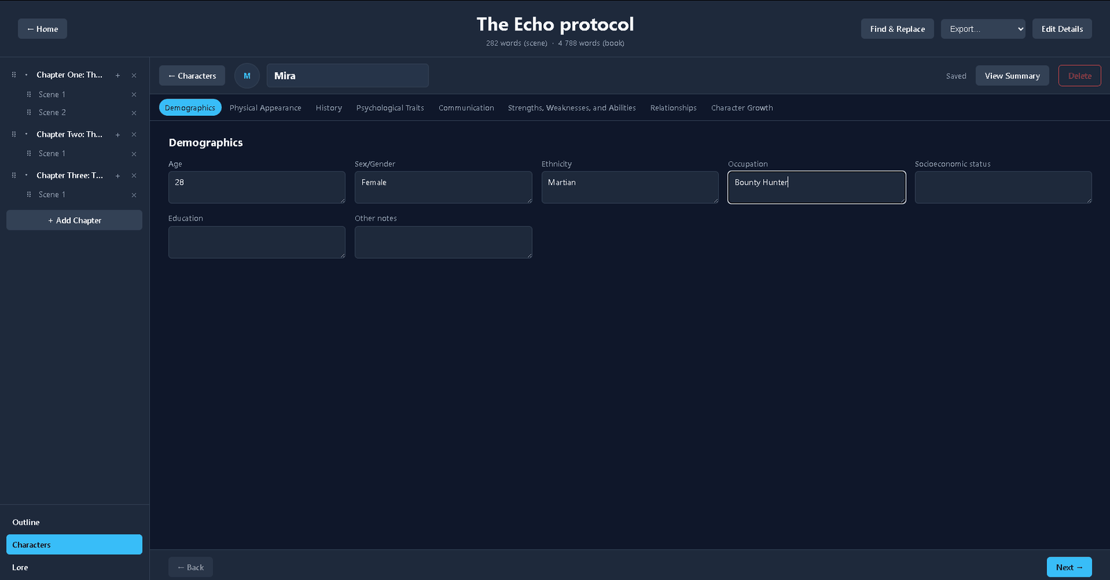 Quillen character Demographics tab being filled in